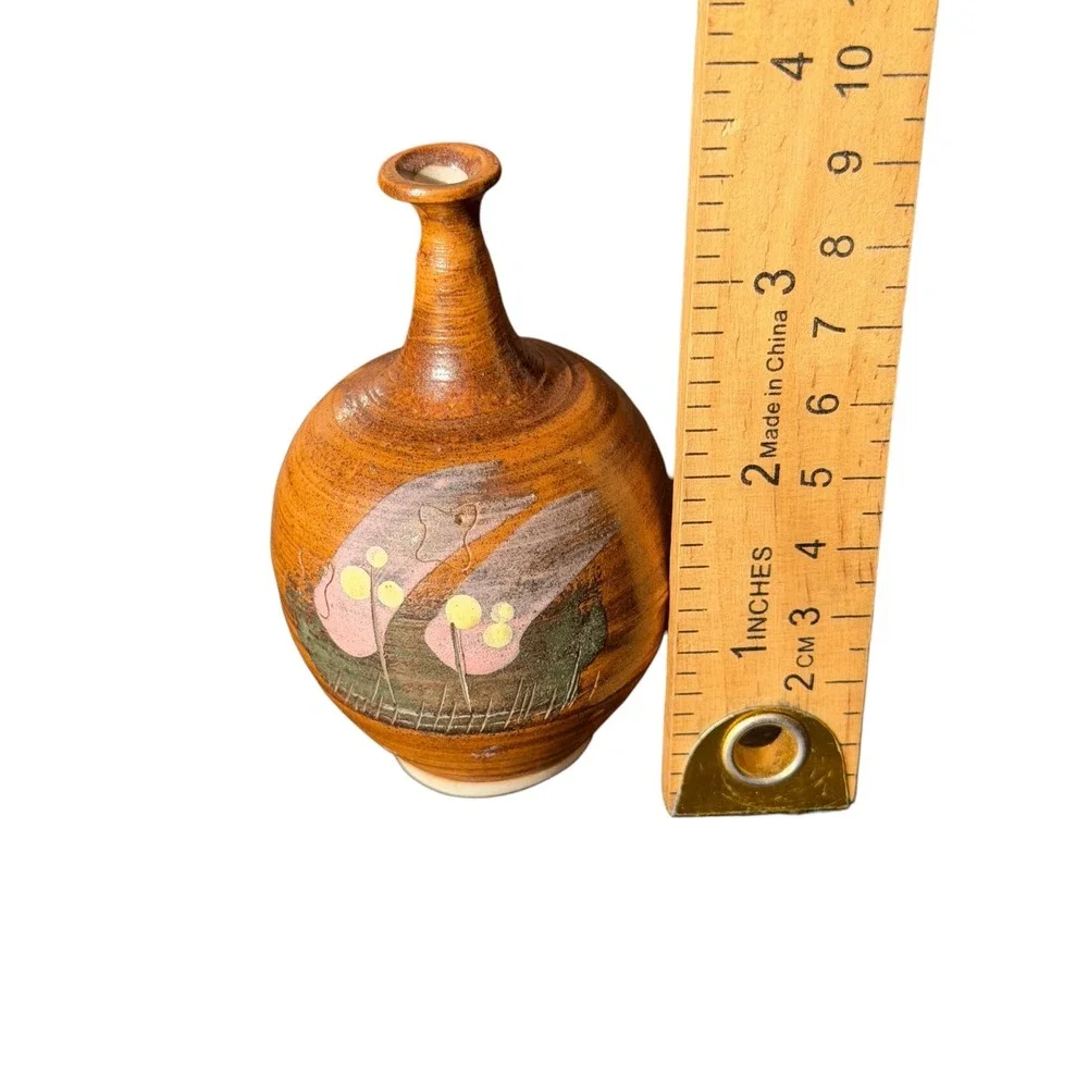 Studio Pottery Bud Vase Hand Painted Floral Brown Glazed Ceramic 3 inch